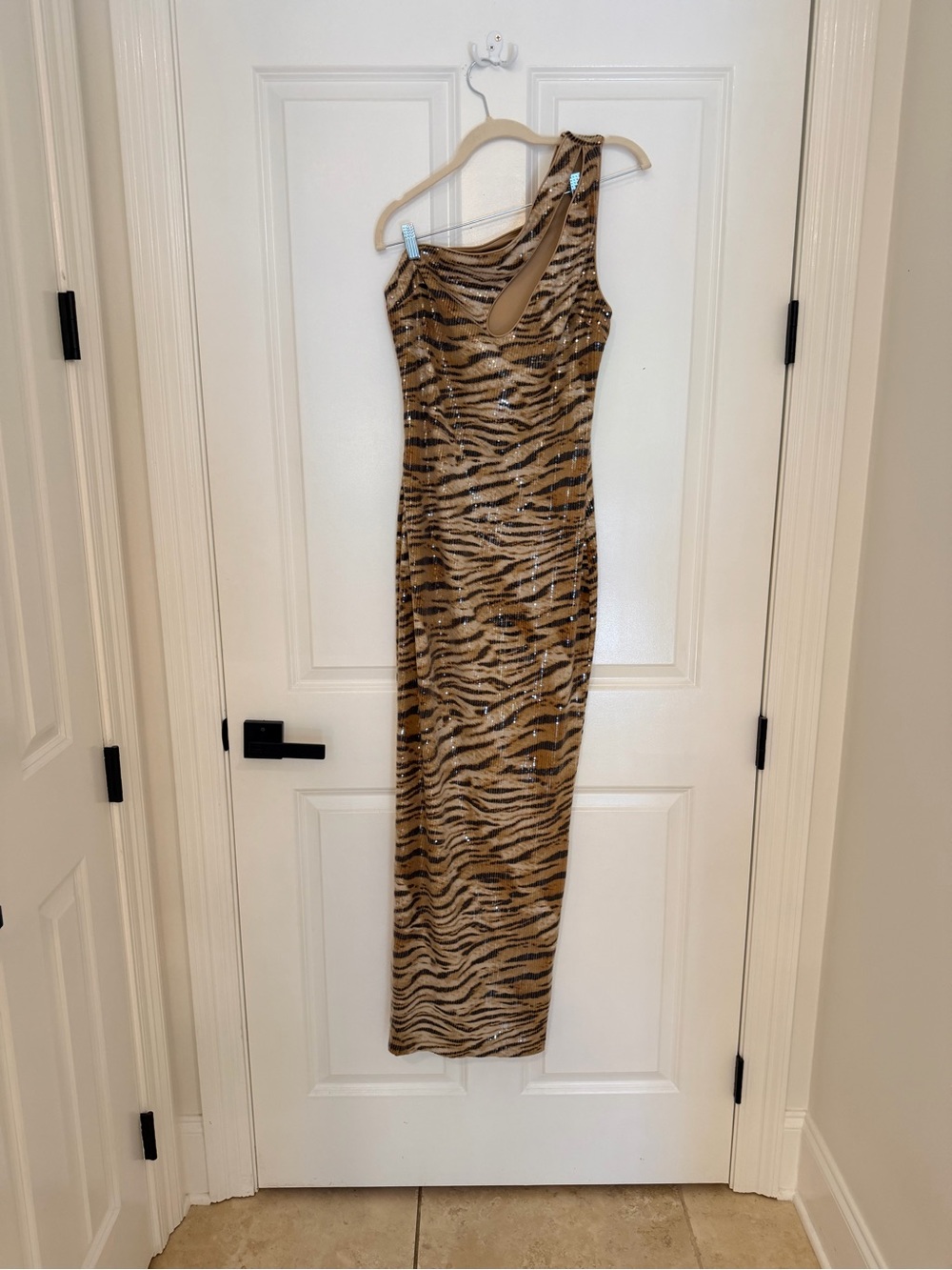 Fashion Nova One-Shoulder Tiger-Print Sequin Gown in Brown and Black